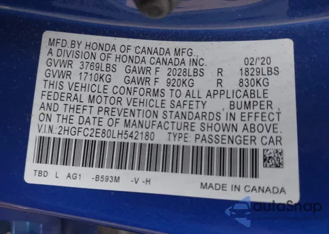 2020 Honda Civic Sport from USA, damaged, VIN 2HGFC2E80LH542180